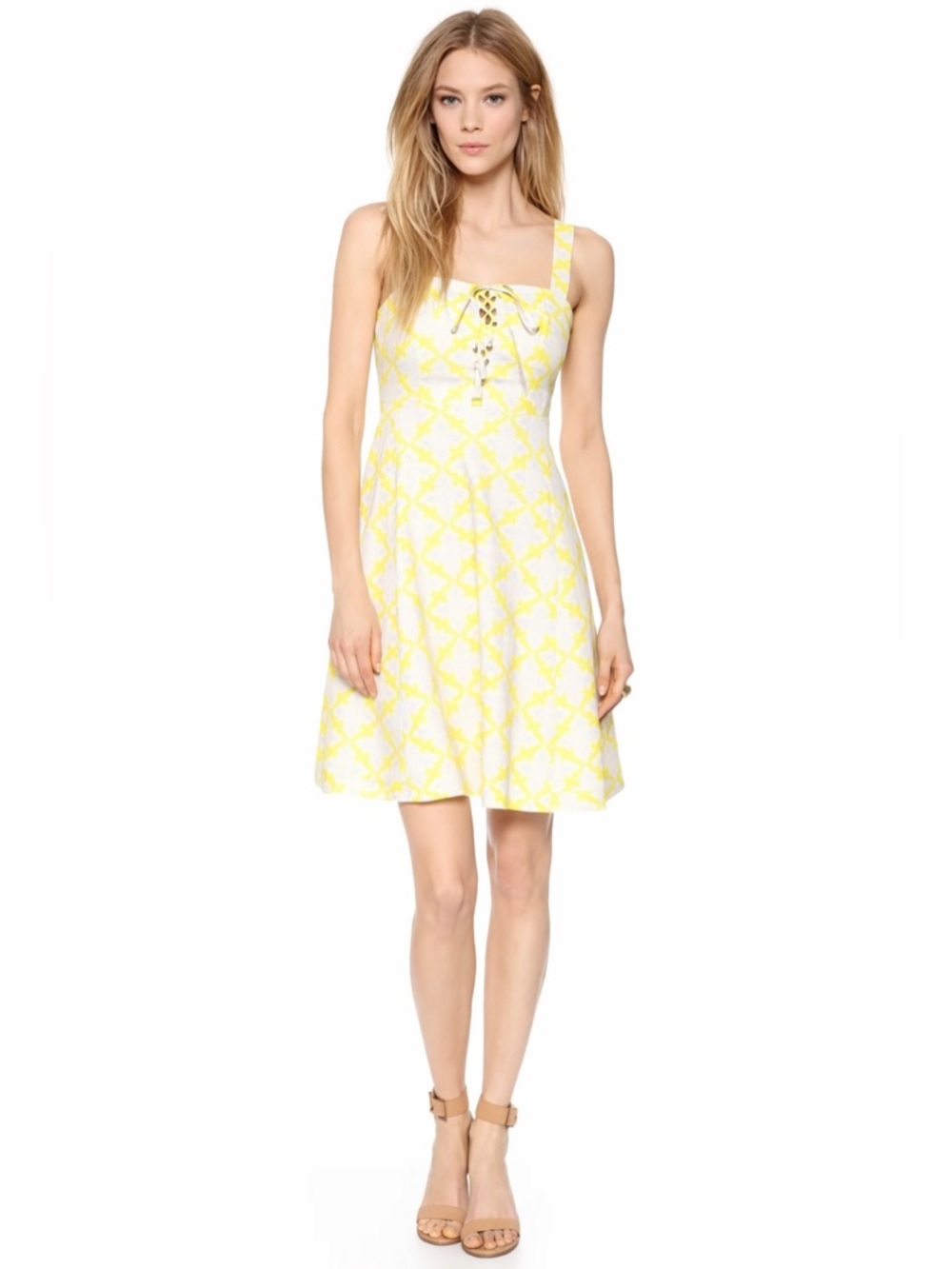 Diane Von Furstenberg LUXE Lace Up Cotton Dress Henna Diamonds Yellow